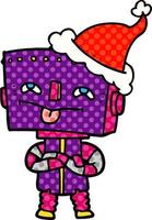 comic book style illustration of a robot wearing santa hat vector