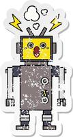 distressed sticker of a cute cartoon malfunctioning robot vector