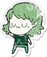 distressed sticker of a happy cartoon elf girl vector