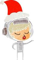 retro cartoon of a pretty astronaut girl wearing santa hat vector