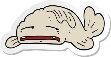 sticker of a cartoon sad old fish vector