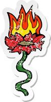 retro distressed sticker of a cartoon flower on fire vector