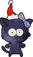 textured cartoon of a cat wearing santa hat vector