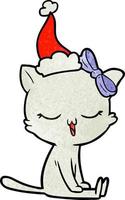 textured cartoon of a cat with bow on head wearing santa hat vector