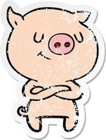 distressed sticker of a happy cartoon pig with crossed arms vector
