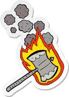 sticker of a cartoon flaming axe vector