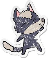 distressed sticker of a cartoon wolf pouting vector