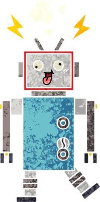 retro illustration style cartoon crazy broken robot