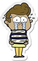 sticker of a cartoon crying student with stack of books vector