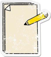 distressed sticker of a quirky hand drawn cartoon paper and pencil vector