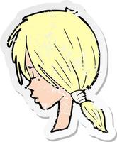 retro distressed sticker of a cartoon girl looking thoughtful vector