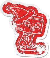 cartoon distressed sticker of a robot wearing santa hat vector