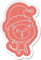 happy cartoon  sticker of a lion wearing santa hat vector