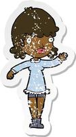 retro distressed sticker of a cartoon woman waving vector