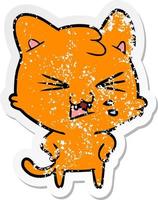 distressed sticker of a cartoon hissing cat vector