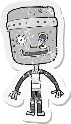 retro distressed sticker of a cartoon funny robot