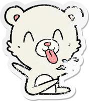 distressed sticker of a rude cartoon polar bear sticking out tongue vector