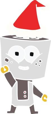 happy flat color illustration of a robot waving hello wearing santa hat