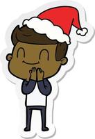 sticker cartoon of a friendly man wearing santa hat vector