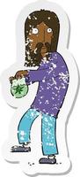 retro distressed sticker of a cartoon hippie man with bag of weed vector