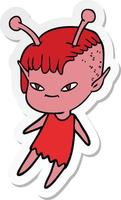 sticker of a cute cartoon alien girl vector