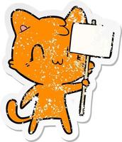 distressed sticker of a cartoon happy cat with blank sign vector