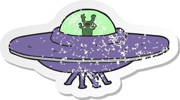 retro distressed sticker of a cartoon alien spaceship vector