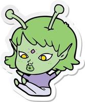 sticker of a pretty cartoon alien girl sitting vector