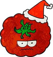 caricatura texturizada de un tomate enojado con sombrero de santa vector