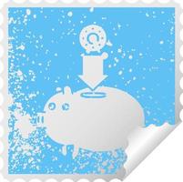 distressed square peeling sticker symbol piggy bank vector