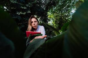 joven ingeniero agrónomo examina hojas en invernadero foto