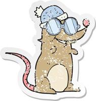 pegatina retro angustiada de un ratón de dibujos animados con gafas y sombrero vector