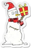 retro distressed sticker of a cartoon snowman holding present vector