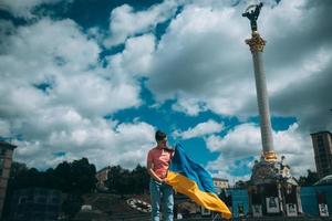 Young woman with national flag of Ukraine on the street photo