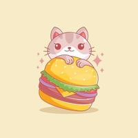 lindo gato comiendo dibujos animados de hamburguesas vector