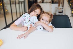 Two little sisters playing together at the table photo