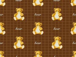 Bear cartoon character seamless pattern on brown background.  Pixel style vector