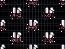 New years 2023 seamless pattern on black background.  Pixel style vector