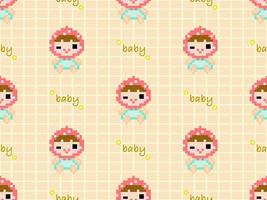Baby cartoon character seamless pattern on yellow background.  Pixel style vector