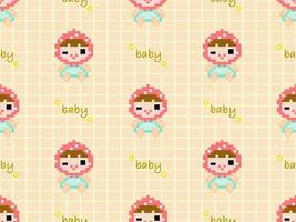 Baby cartoon character seamless pattern on yellow background.  Pixel style vector