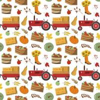 Cartoon autumn red harvest tractor and trail with hay straw, pumpkins, apples in boxes and baskets, flowers, forest leaves. Harvest, Thanksgiving day theme design. Isolated on white background. vector
