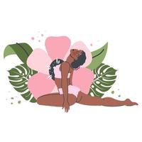 hermosa mujer de yoga aislada en el fondo de la naturaleza. joven negra en pose de yoga se extiende. práctica de meditación y respiración. ilustración de dibujos animados planos vectoriales para un estilo de vida saludable, deporte vector