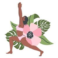 hermosa mujer de yoga aislada en el fondo de la naturaleza. joven negra en pose de yoga se extiende. práctica de meditación y respiración. ilustración de dibujos animados planos vectoriales para un estilo de vida saludable, deporte vector