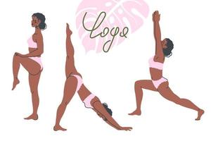 Set of  yoga poses isolated on white background. Young black girl in Yoga pose stretches. Meditation and breathing practice. Vector flat illustration for healthy lifestyle, sport, banner, poster