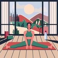 hermosa mujer de yoga en casa. jovencita de yoga se extiende en el interior. el personaje femenino medita, practica la respiración en la habitación. diseño de interiores. ilustración de dibujos animados plano de vector de estilo de vida saludable