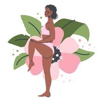 Beautiful yoga woman isolated on nature background. Young black girl in Yoga pose stretches. Meditation and breathing practice. Vector flat cartoon illustration for healthy lifestyle, sport