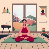 Beautiful yoga woman at home. Young girl sitting in lotus position in the room. Female character does meditation, breathing practice indoor. Interior design. Vector flat cartoon illustration