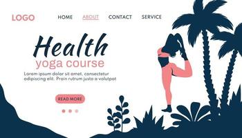 Yoga banner. Silhouette of beautiful yoga girl in nature. Female character does meditation, breathing practice outdoor. Vector flat illustration for healthy lifestyle, poster,  website