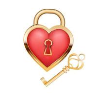 Heart lock with vintage gold key, keyhole isolated on white background. Heart framed in gold. Template for Romantic design, Valentine's Day cards. Vector illustration in realistic style