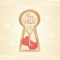 Key to my heart in realistic style isolated  on white background. Golden keyhole, vintage key, hearts with lettering. Romantic and holiday concept. Design for greeting cards, invitations. Vector. vector